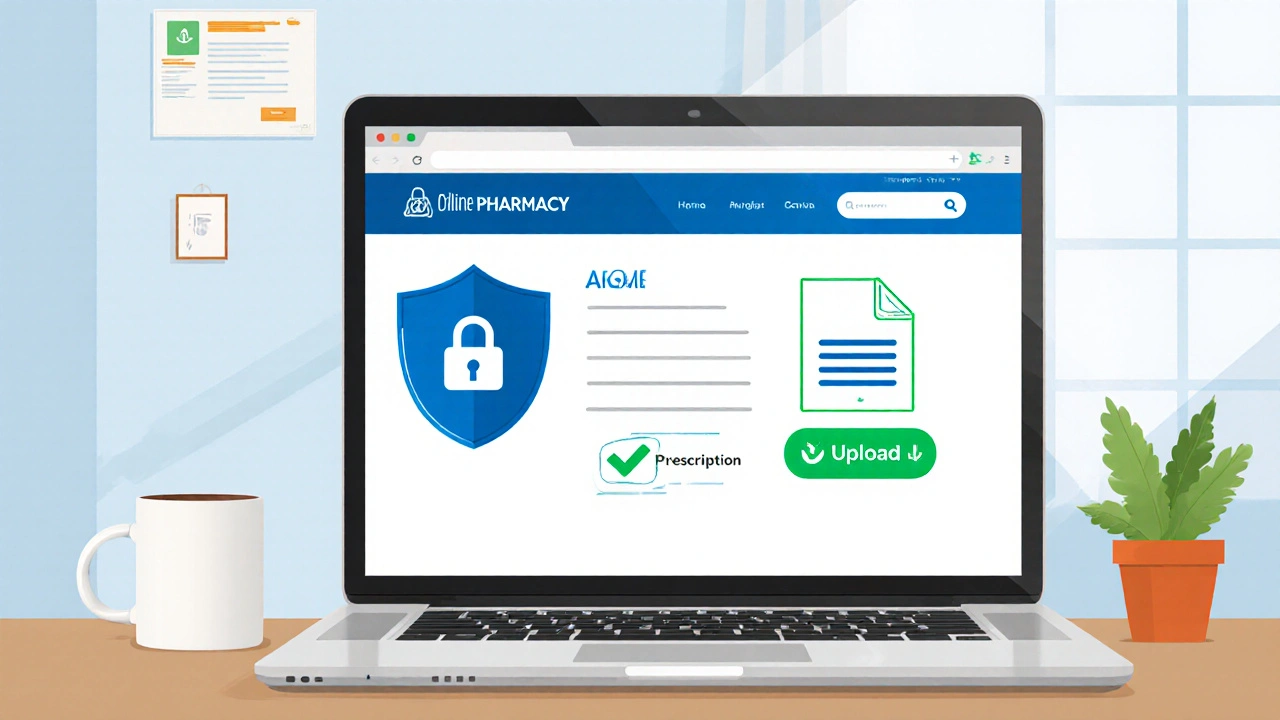 Illustration d'un ordinateur affichant un site de pharmacie en ligne sécurisé avec icône de cadenas.