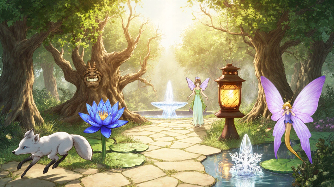 Jardin Ghibli où chaque médicament est un être fantastique, Doxazosin comme papillon lavande au centre.