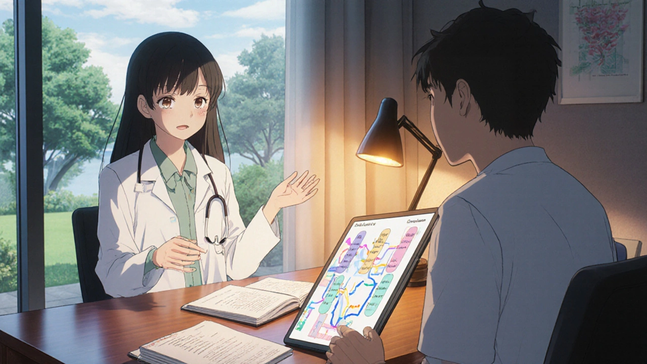 Médecin et patiente discutent d'un essai clinique, autour d'illustrations moléculaires, ambiance douce.