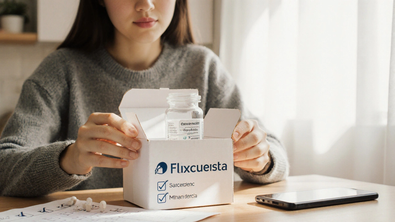 Personne ouvrant une boîte de médicaments fluoxétine générique à la maison, entourée d'une checklist.